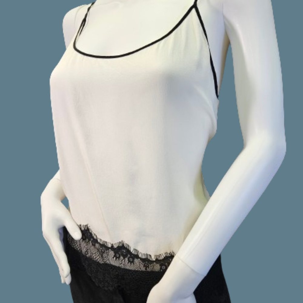 Bebe White and Black Mulberry Silk Laced Camisole